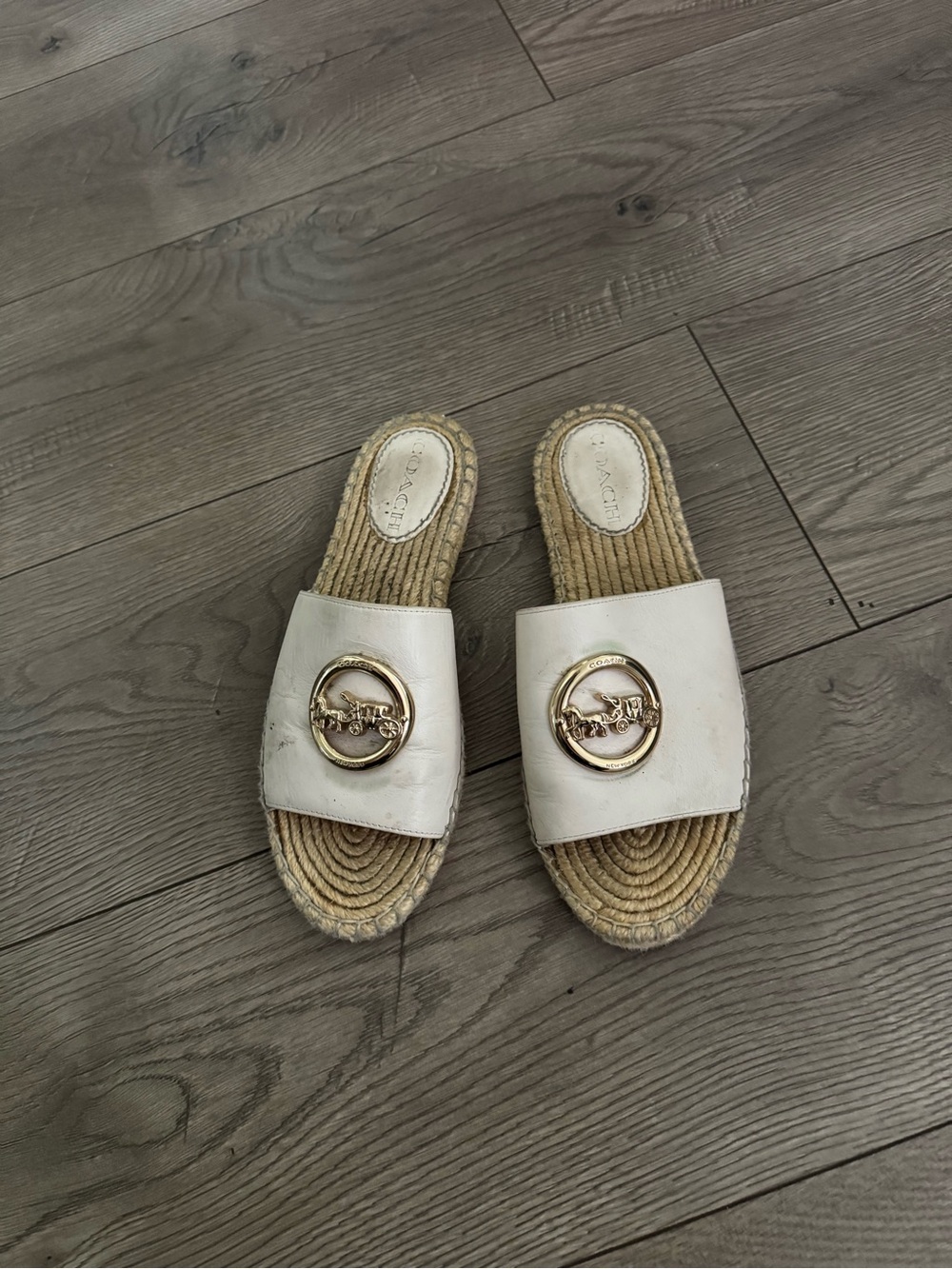 Coach Women’s White/Cream Slide Espadrille Sandals with Gold Accent Size US 8